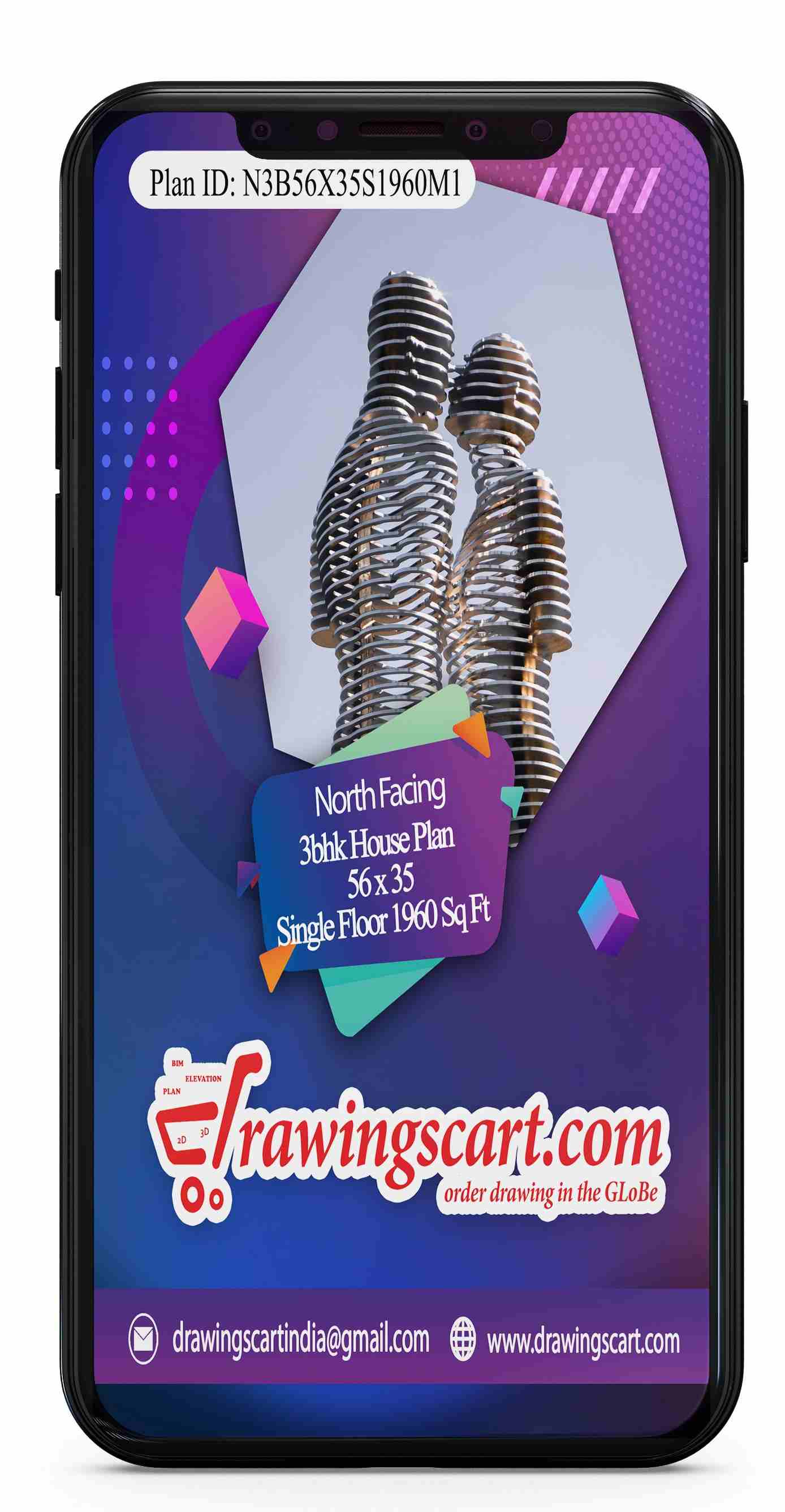 56x35  North Facing 3BHK House Plan 1960 sq. ft - Single Floor