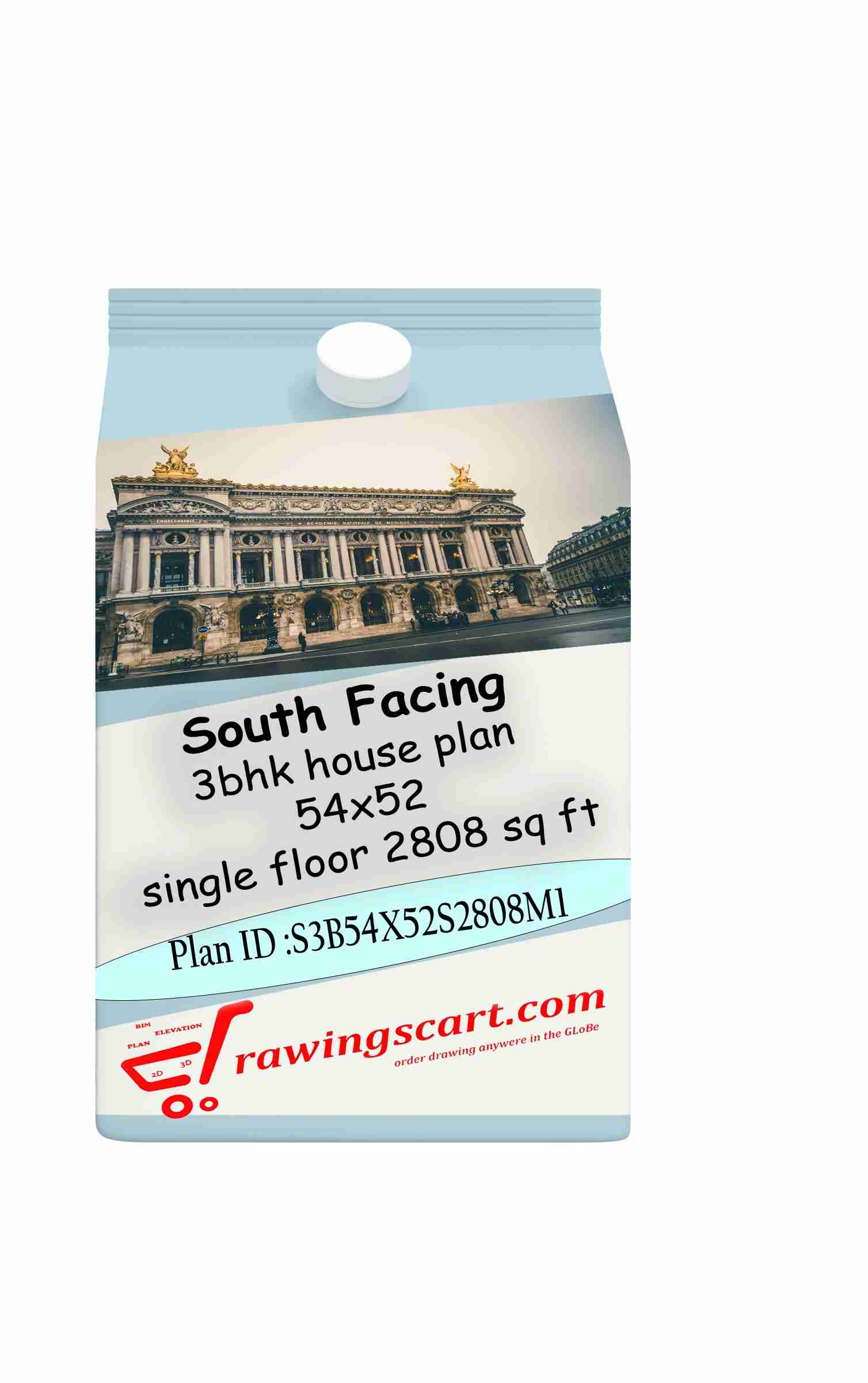 5x52 | South Facing 3 BHK House Plan 2808 Sq. Ft - Single Floor with Car Parking